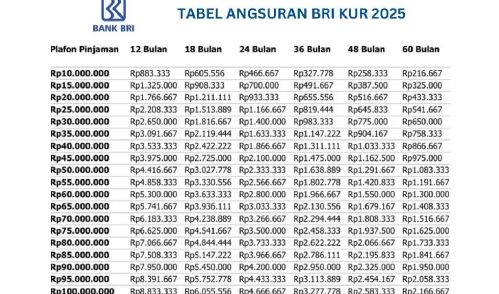 Berapa Angsuran Dan Tenor Pinjaman KUR BRI 2025 Dengan Plafon Rp100 Juta? 