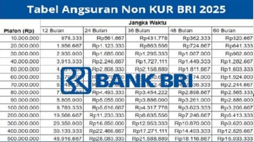 Tenor Bisa 5 Hingga 10 Tahun, Tabel Angsuran Non KUR BRI 2025 Miliki Cicilan Terendah Cuma 28 Ribu Per Bulan