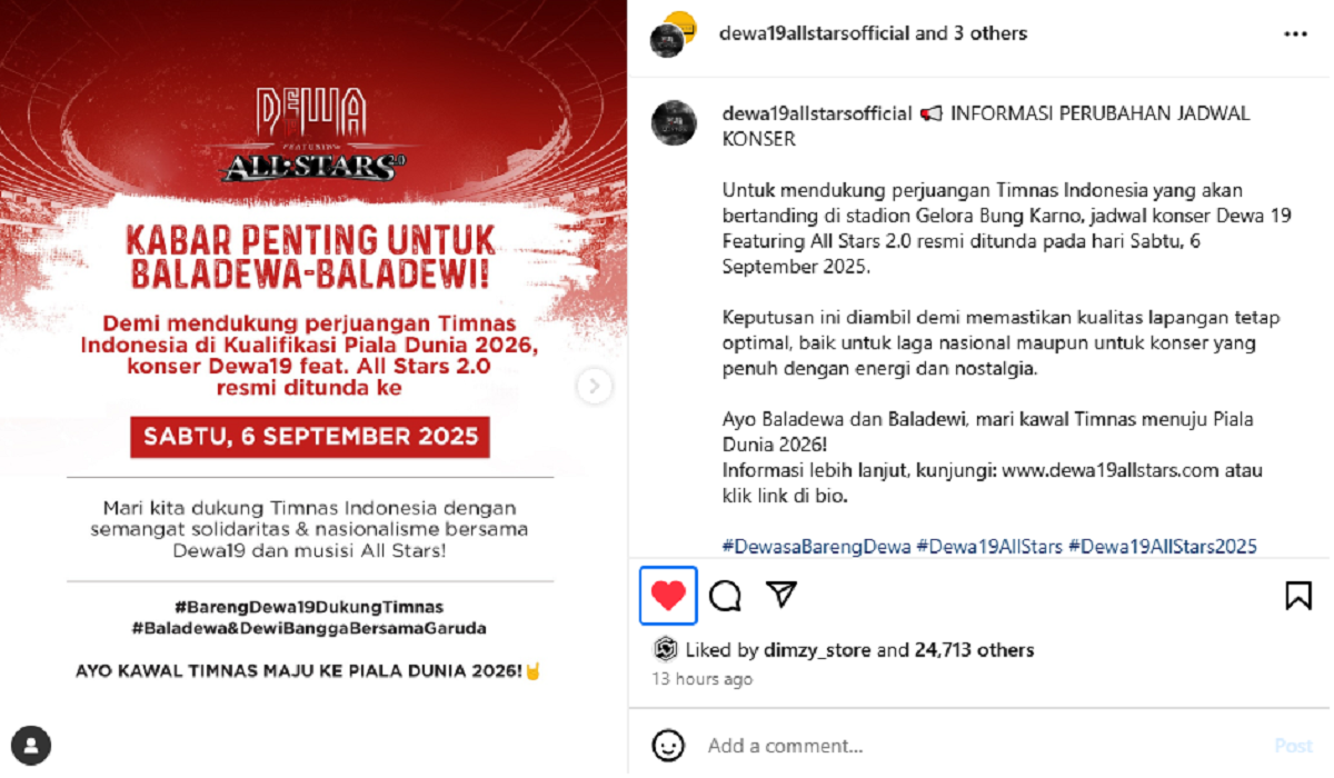 BREAKING! Konser Dewa 19 All Stars 2.0 Diundur untuk Prioritaskan Pertandingan Indonesia vs Bahrain di GBK