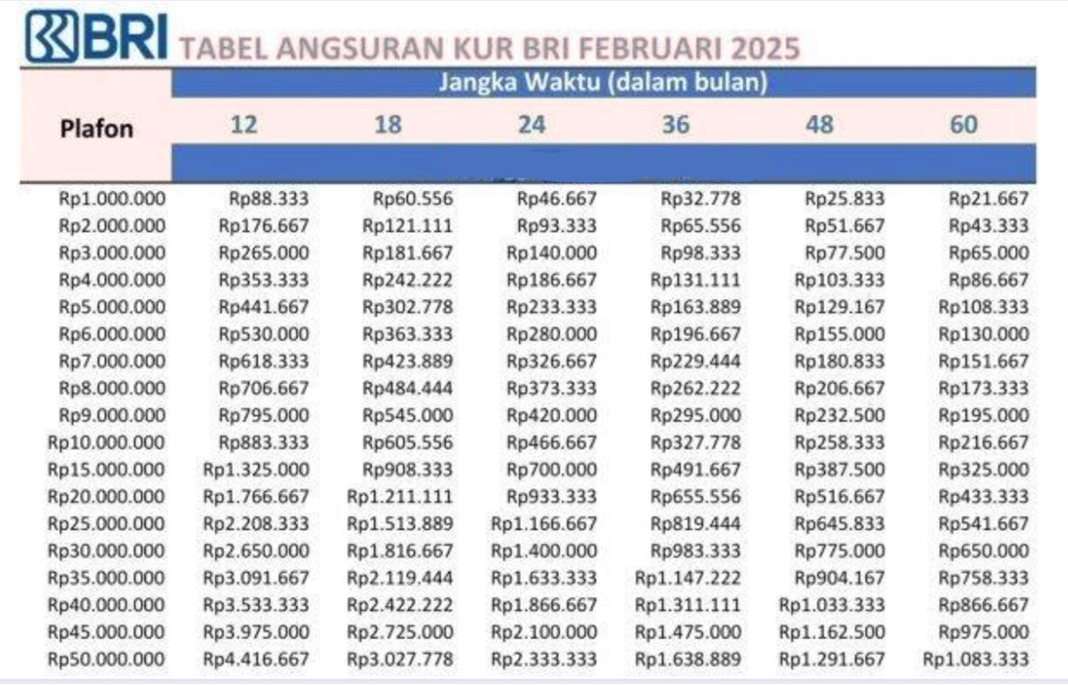 Tabel Angsuran KUR BRI 2025: Pinjam Rp25 Juta, Bayar Cuma Rp800 Ribuan per Bulan!
