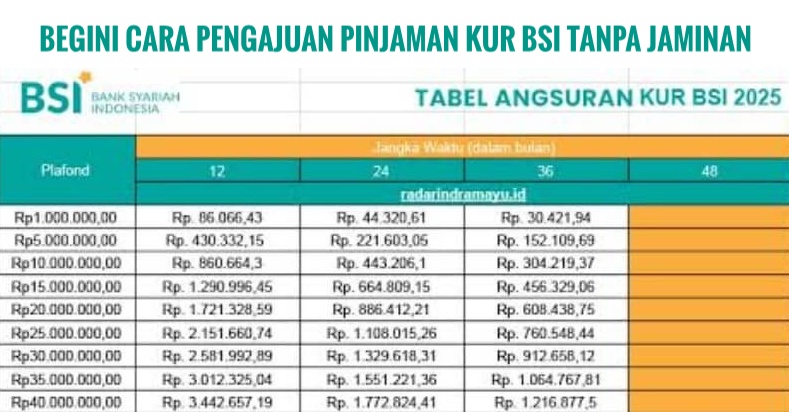 KUR BSI 2025 Tabel Angsuran Punya Rincian Pinjaman Tanpa Riba, Bebas Pilih Plafon Hingga 100 Juta