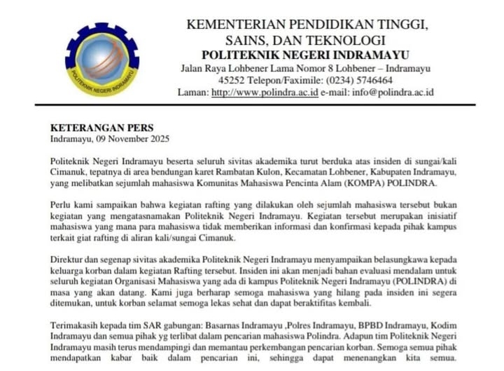 Dua Mahasiswanya Tewas Saat 'Rafting' di Sungai Cimanuk, Begini Respons Polindra 