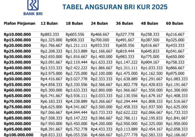 Rincian KUR BRI 2025 Tabel Angsuran 10-500 Juta: Dapatkan Cicilan dan Bunga Terendah Mulai 100 Ribuan