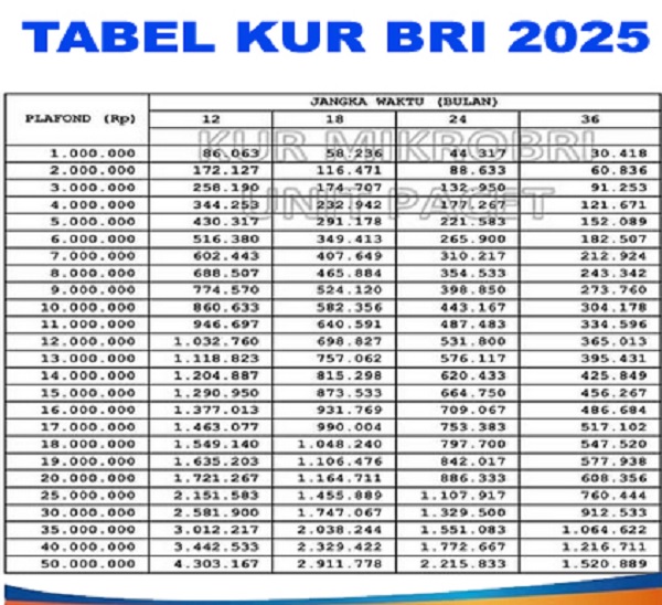 Update Tabel KUR BRI 2025: Pilihan Tenor dan Plafon Pinjaman Mulai 10 Juta Hingga 50 Juta untuk UMKM