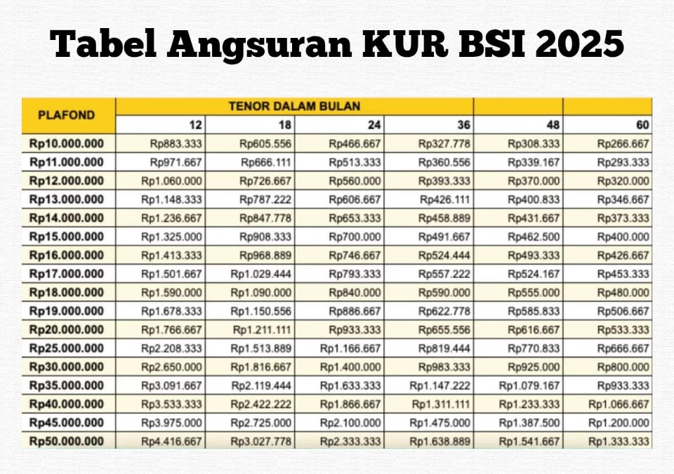 Pinjam Rp10 Juta di KUR BSI 2025 Tenor 3 Tahun, Cek Tabel Angsuran Lengkap Terbaru & Syaratnya!