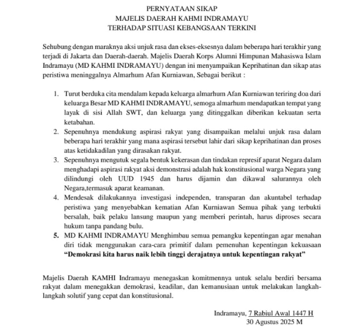 MD KAHMI Indramayu Keluarkan Pernyataan Sikap atas Situasi Nasional, Desak Investigasi Independen