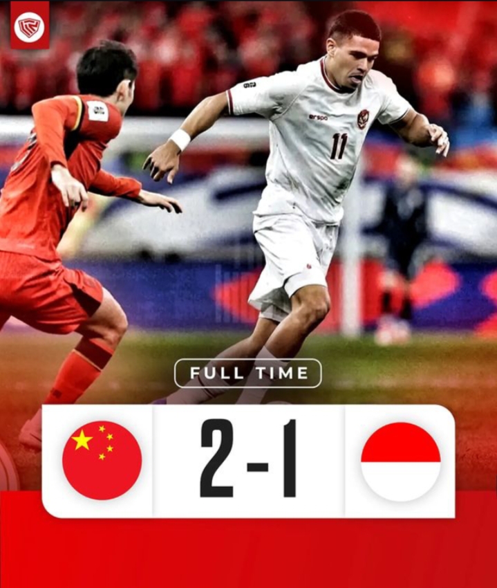 Hasil Pertandingan China Vs Indonesia Kalah 2-1, Bertahan di Peringkat 5 Grup C