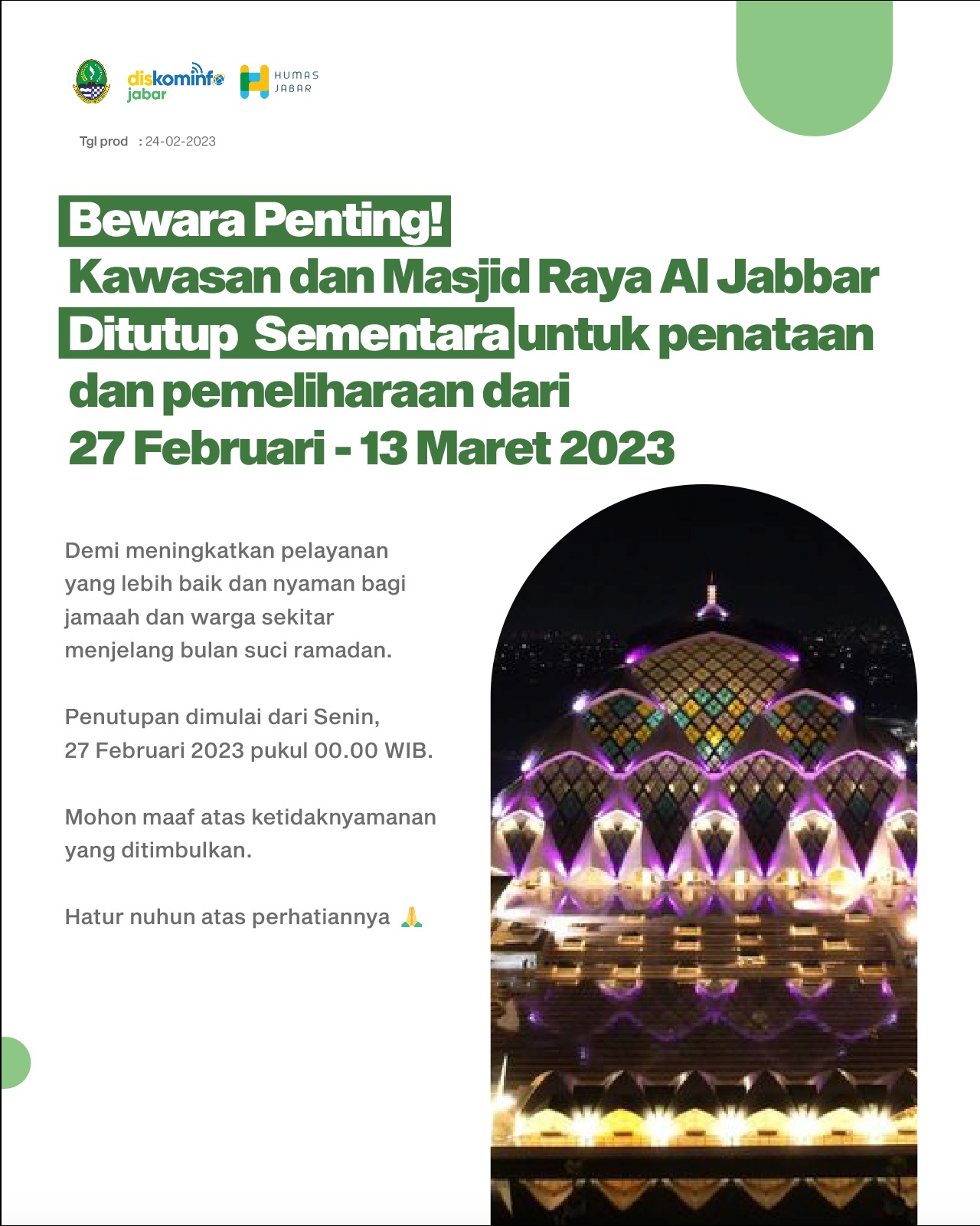 Kawasan dan Masjid Raya Al Jabbar Ditutup Sementara Selama Dua Pekan,  Untuk Penataan Jelang Bulan Ramadhan