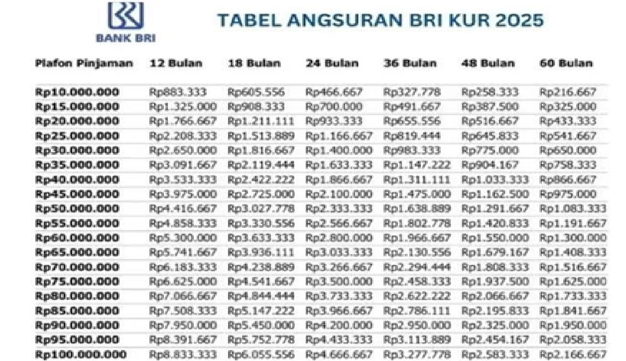 Cicilan Mulai Dari Rp200 Ribuan, Simak Tabel Angsuran KUR BRI 2025 Plafon Rp100 Juta Lengkap Dengan Syaratnya!