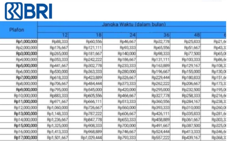 Pinjaman BRI 50 Juta per Bulan Berapa, Berikut Rincian Tabel KUR BRI Mulai dari 1 Juta Hingga 50 Juta