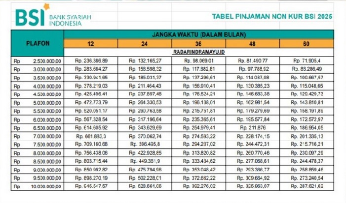 Pinjaman Non KUR BSI 2025 Bebas dari Riba! Plafon 200 Juta Cicilan Mulai Rp70 Ribuan, Ini Tabel Selengkapnya