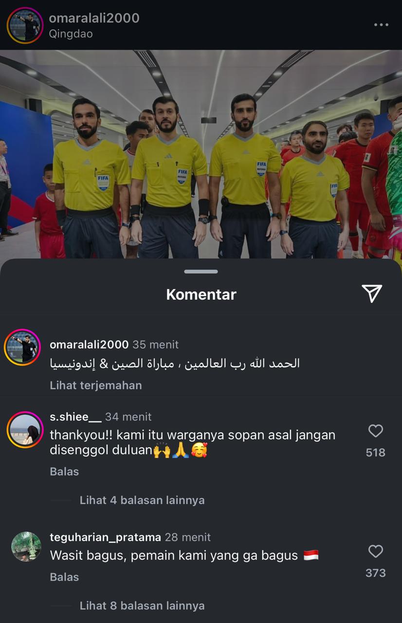 Usai Pimpin Laga China Vs Indonesia, Omar Al Ali di Banjir Pujian dari Netizen Indonesia, 'Respect'