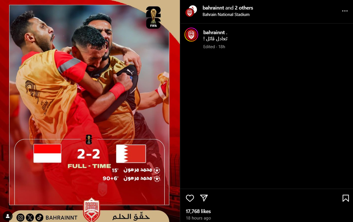 Putar Balikan Fakta! Akun Instagram Official Timnas Bahrain Unggah Postingan Goal Penyelamat Menit 90+6