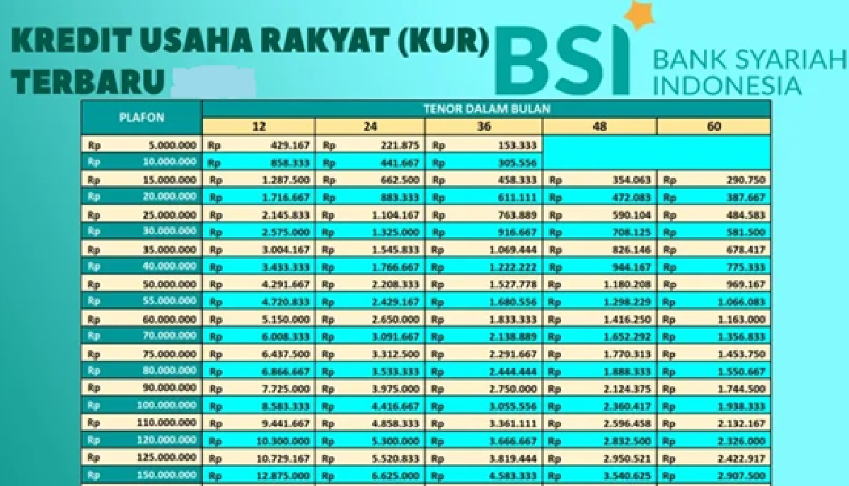 Tabel Angsuran KUR BSI 5 Juta - 100 Juta Tenor Hingga 60 Bulan, Cicilan Ringan Tanpa Bunga Cek Disini