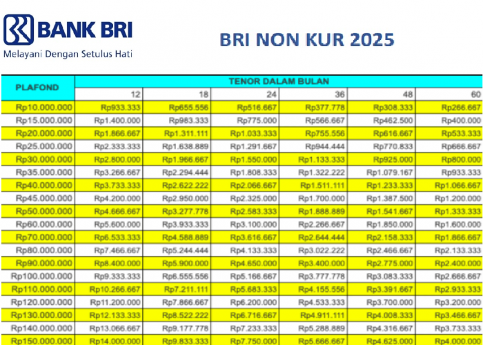 Lengkap! Ini Tabel Pinjaman Non KUR BRI 2025 dengan Plafon Maksimal Rp250 Juta, Simak Angsuran dan Syaratnya
