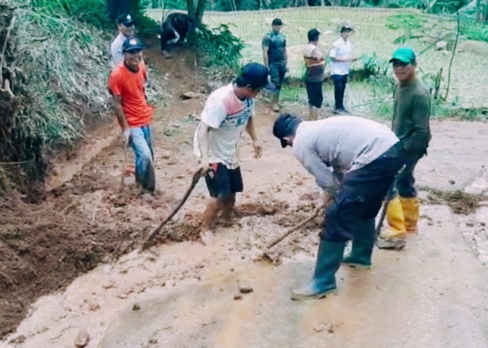 Diguyur Hujan Intensitas Tinggi, Longsor Tutupi Jalan di Desa Werasari 