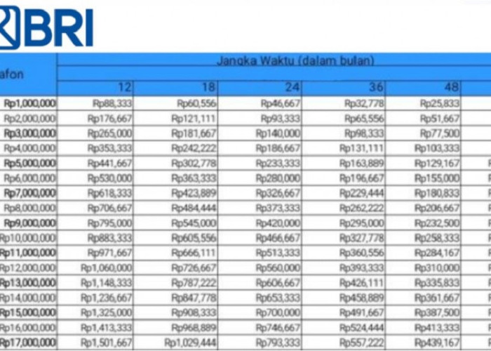 Pinjaman BRI 50 Juta per Bulan Berapa, Berikut Rincian Tabel KUR BRI Mulai dari 1 Juta Hingga 50 Juta